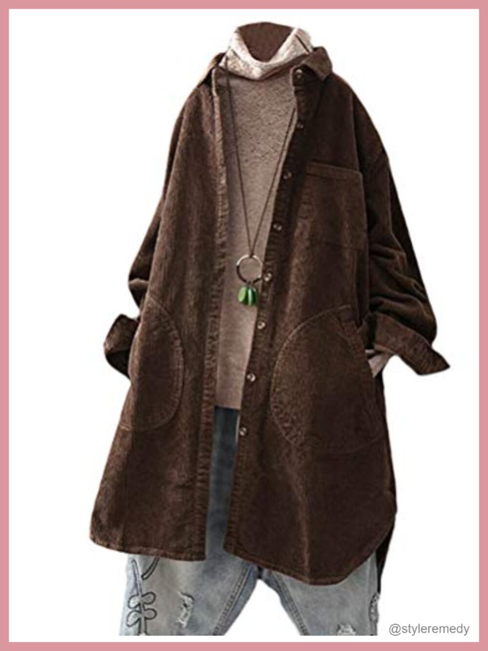 Corduroy Button Down Shirt Jacket Long Sleeve Loose Fit Tunic Top with Pockets